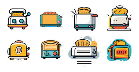 Sets icon collection of illustrated toasters in various styles, some with toast popping up, against a white background