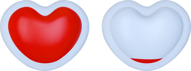3d render blood bag or packet with red plasma in heart form. Medical full and empty container for hospital. Realistic glossy vector illustration. © cgterminal