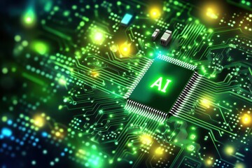 Fototapeta premium Futuristic Microchip with AI Technology on Digital Circuit Board