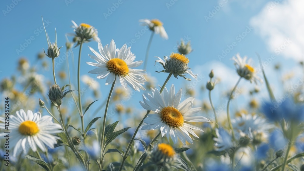 Poster field of white daisies and cornflowers under a blue sky with empty copy space for text and design el
