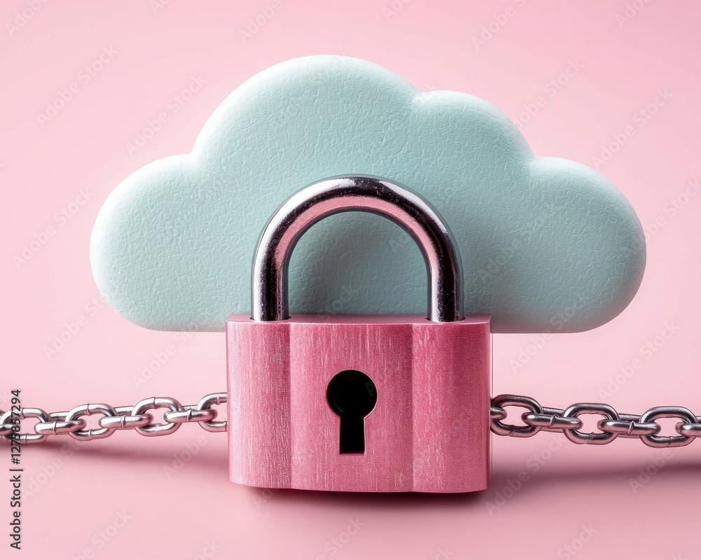 Poster secure cloud data protection pink padlock and chain protecting a pastel cloud icon