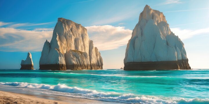 Stunning Coastal Landscape Featuring Dramatic Rock Formations and Clear Turquoise Waters with Space for Text Overlay