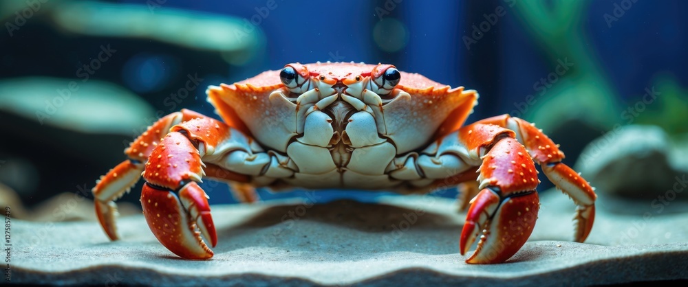 Poster vibrant red crab displaying unique features in a clear aquarium environment