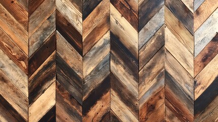 Intricate chevron pattern showcasing a variety of wood tones, creating a warm and rustic texture ideal for interior design.