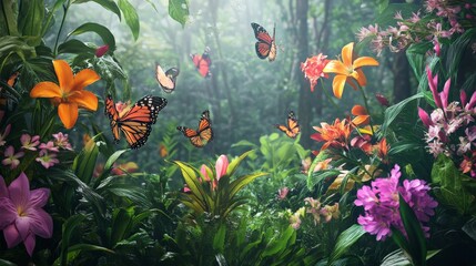 Lush botanical garden scene with a variety of exotic flowers in full bloom, with butterflies fluttering around.