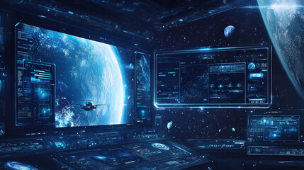 Fototapeta premium Space stream overlay, game twitch ui frame. Streaming screen, gamer username panels, menu and buttons. Template for esport, online live video, digital user interface glow borders, Cartoon vector set