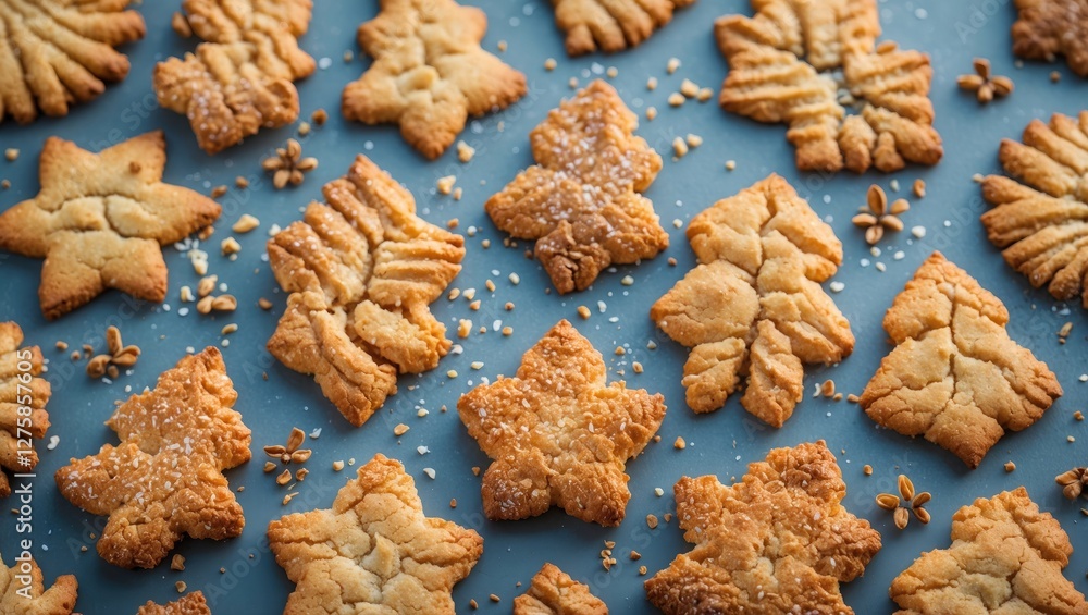 Poster decorative crispy cookies in various shapes arranged on a blue background with space for custom text