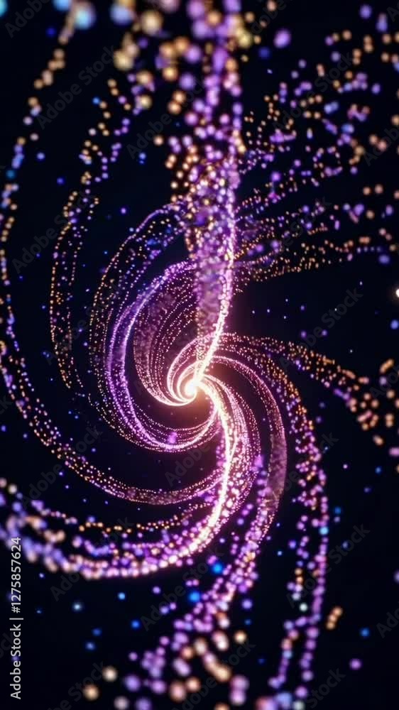Poster vibrant particle spiral transformation with dynamic motion and color shift