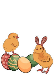 Easter eggs and cute cartoon chick chicken cute chicken with rabbit ears isolate on a transparent background. easter, spring illustration
