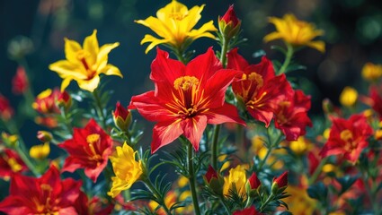Vibrant Crocosmia flowers in red and yellow hues offering a colorful summer floral display with space for text or branding.