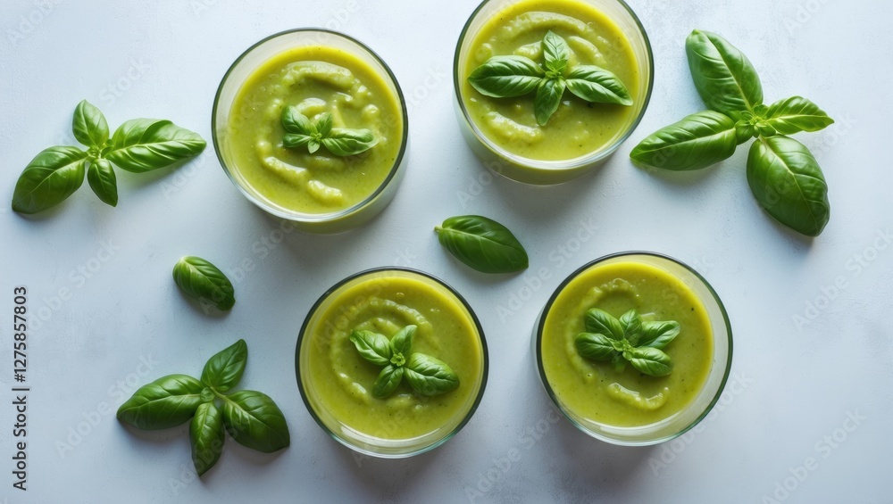 Aufkleber cucumber gazpacho in glasses with fresh basil on a light background top view summer refreshing soup 