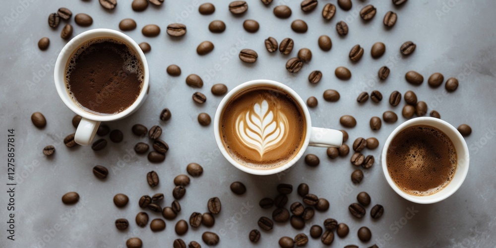 Poster coffee cups surrounded by coffee beans top view with blank space for text showing various coffee typ