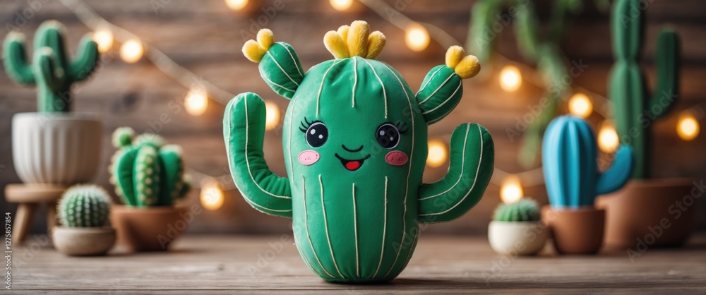 Poster adorable cactus plush toy with cheerful expression on a rustic background, ideal for children's deco