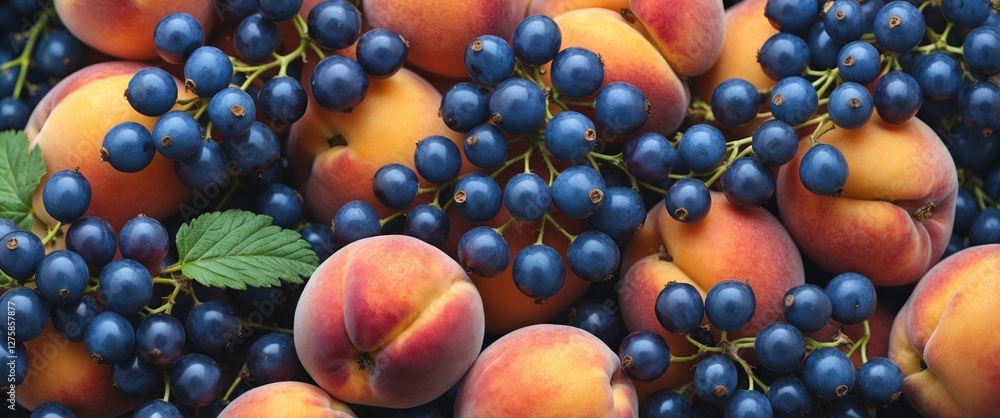 Aufkleber currant berries surrounded by ripe peaches on colorful background with space for text promotion or c