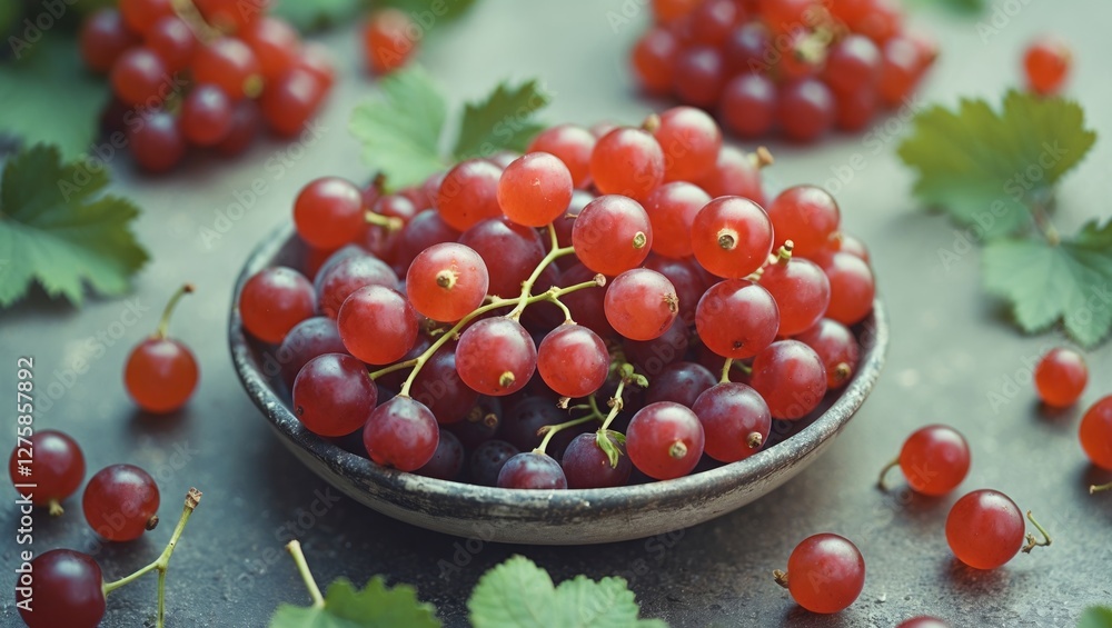 Poster fresh red currants in a bowl surrounded by green leaves and space for text in a rustic setting for f