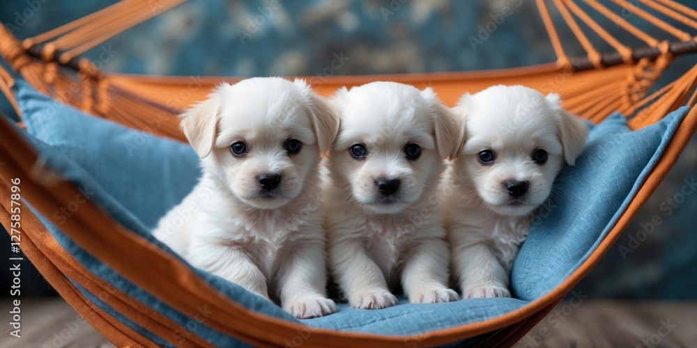 Aufkleber adorable small white puppies relaxing in a hammock with soft blue cushion on trendy background and e