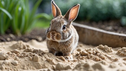 Fototapeta premium Adorable Bunny Rabbit Exploring Sandy Garden Area in Close-Up View