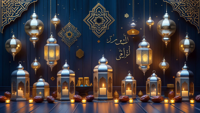 illustration of illuminated lamp on Eid Mubarak (Happy Eid) background,lanterne for eid mubarak