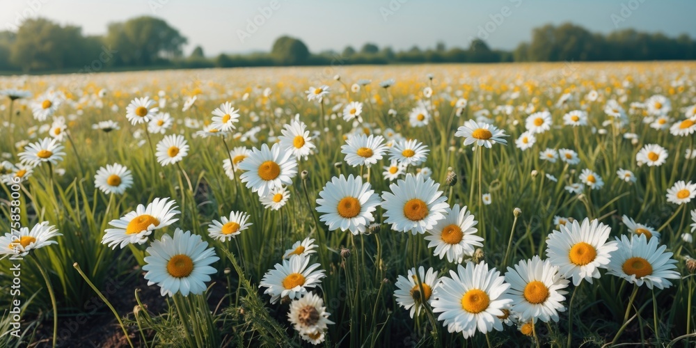 Poster daisy field blooming in spring light beautiful landscape with copy space for text and design use