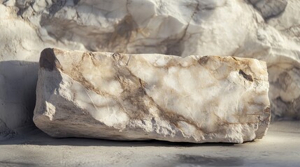 A large, polished block of marble with elegant veining sits against a textured stone background, showcasing its natural beauty and unique patterns.