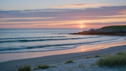 Serene Sunset Over Cuttyhunk Island Beach With Calm Waters And Soft Sands For Text Overlay Design