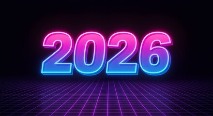 Purple and pink neon futuristic "2026" numbers on dark grid background. new year concept.