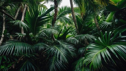 Lush Dark Green Palm Leaves in a Tropical Jungle Eco-System for Nature and Adventure Themes
