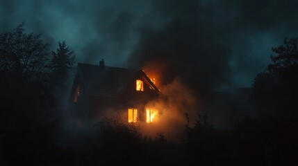 Fototapeta premium Night house fire engulfed in flames and smoke.