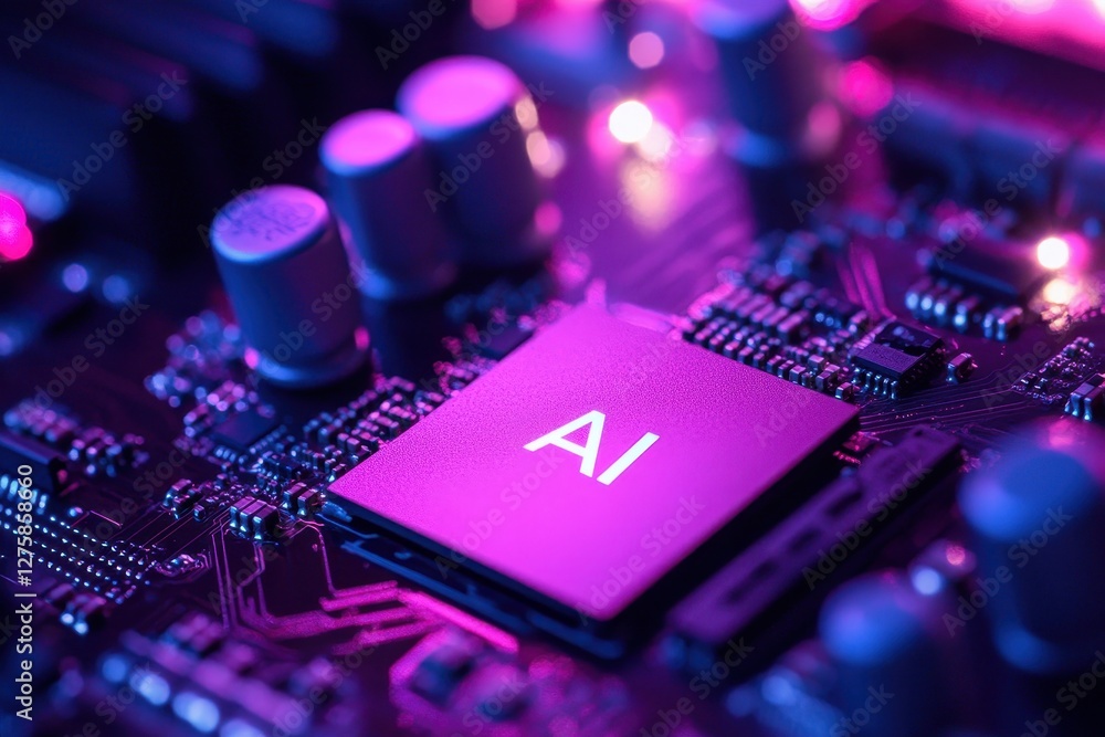 Poster close-up of computer circuit board with ai chip and neon lights