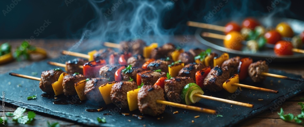 Aufkleber grilled shish kebab skewers with colorful vegetables and smoke on slate surface with space for text 