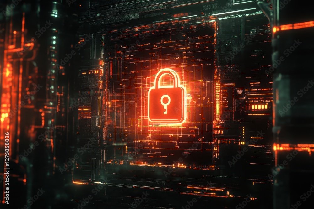 Poster neon lock icon on digital circuit background for cyber security concept