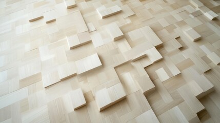 Close-up of an abstract wooden panel wall with varying shapes and textures, creating a visually striking and modern design.