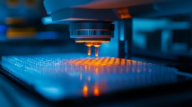 Microplate reader scanning an immunosorbent assay plate, glowing light indicating data collection in progress.