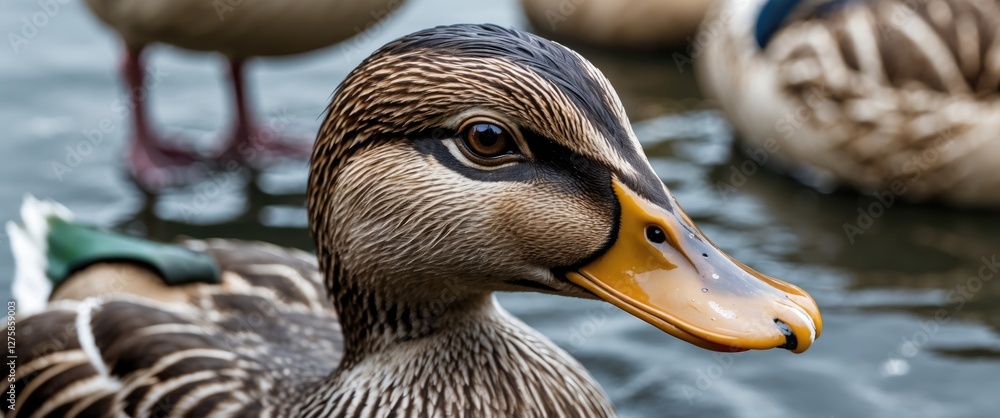 Poster close up of a duck head with text space for poultry farming theme and waterbird details in a natural