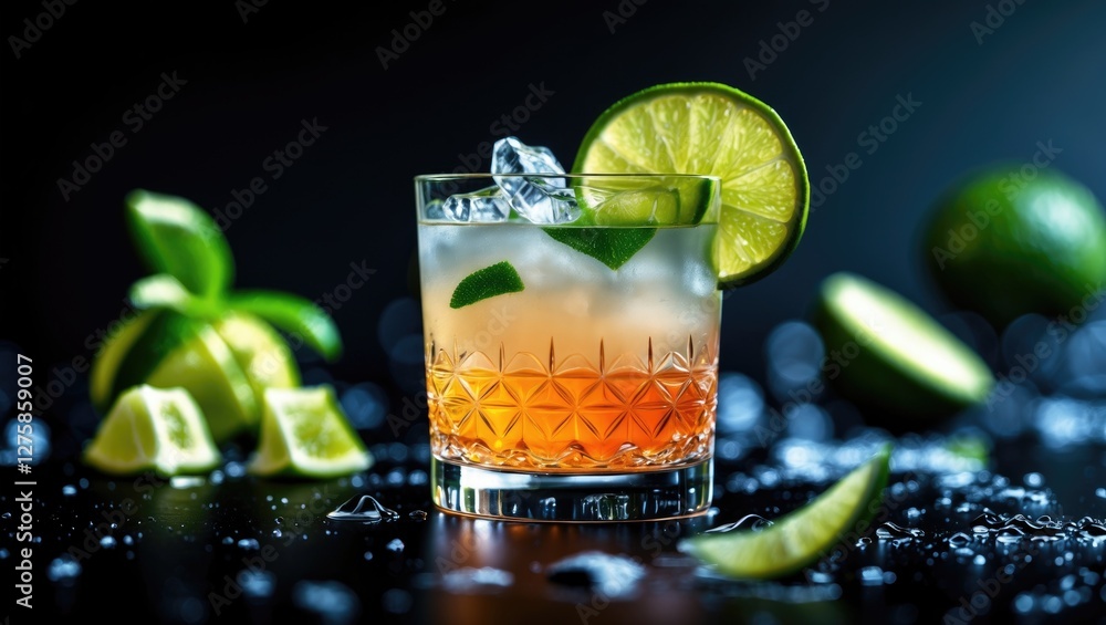 Poster refreshing cocktail with lime slices and ice on a dark background creating an elegant setting for dr