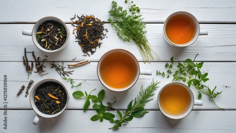 Poster assorted cups of aromatic tea with fresh herbs displayed on white rustic table from above