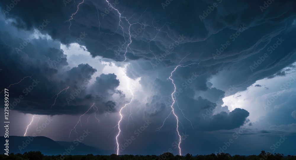 Poster intense thunderstorm overhead with multiple lightning strikes illuminating dark clouds nature scene