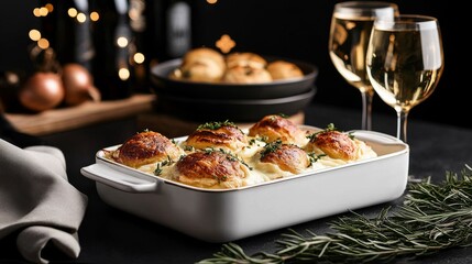 potatoes baked with cheese, onions, and herbs, served in ceramic dish