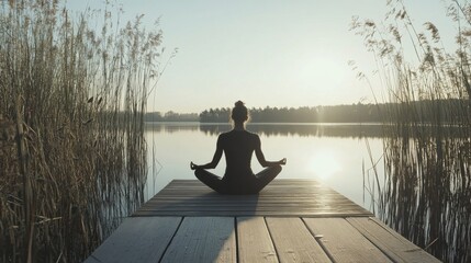 Shoulder stretch on a peaceful lake dock during a wellness retreat. Featuring mindfulness and rejuvenation