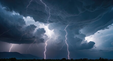 Intense Thunderstorm Overhead With Multiple Lightning Strikes Illuminating Dark Clouds Nature Scene