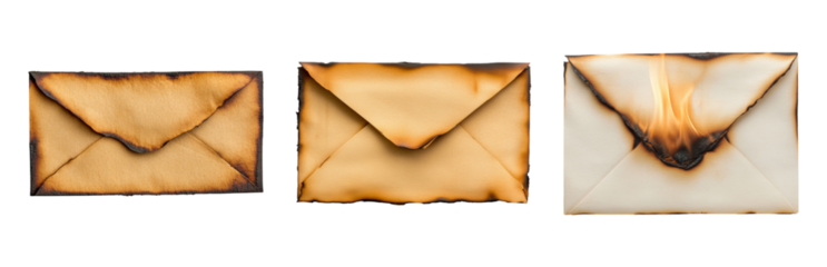 Burnt and Charred Email Envelopes on Black  Isolated on transparent background