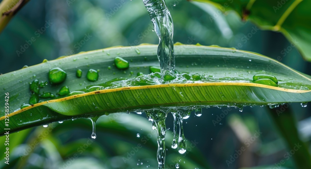 Poster water droplets falling on banana leaf with fresh green background and space for text or graphics