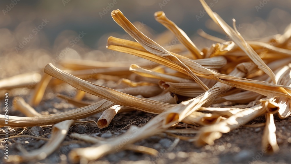 Poster natural background texture of dry straw stacked on ground in soft lighting with blurred bokeh effect