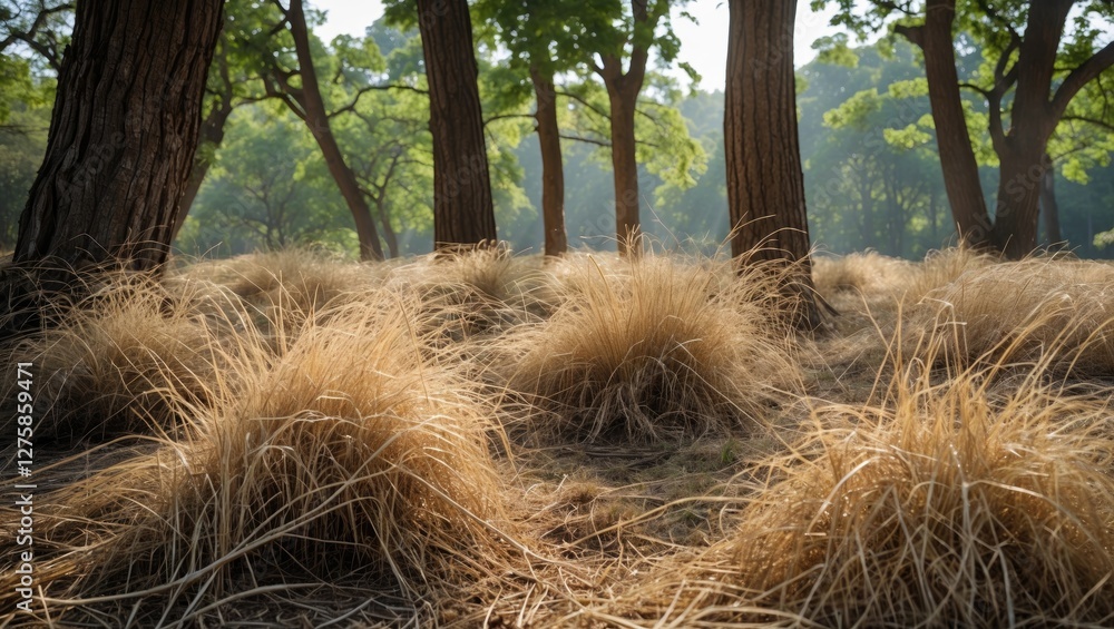 Poster sunlit dry grass landscape under trees with empty space for text and natural backdrop of foliage in 