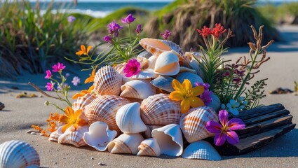 Colorful Seashells and Flowers Arrangement on Sandy Shore with Natural Elements and Empty Space for Textual Overlay