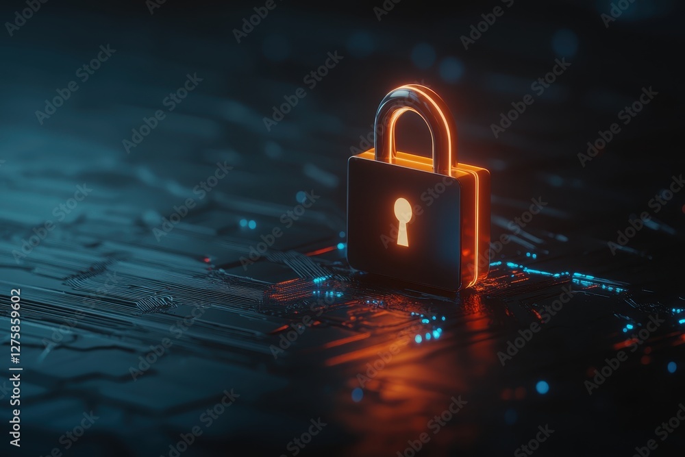 Poster futuristic digital lock on circuit board with glowing effects