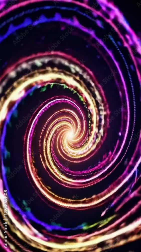 Poster vibrant neon spirals converging in dynamic motion displaying futuristic light patterns
