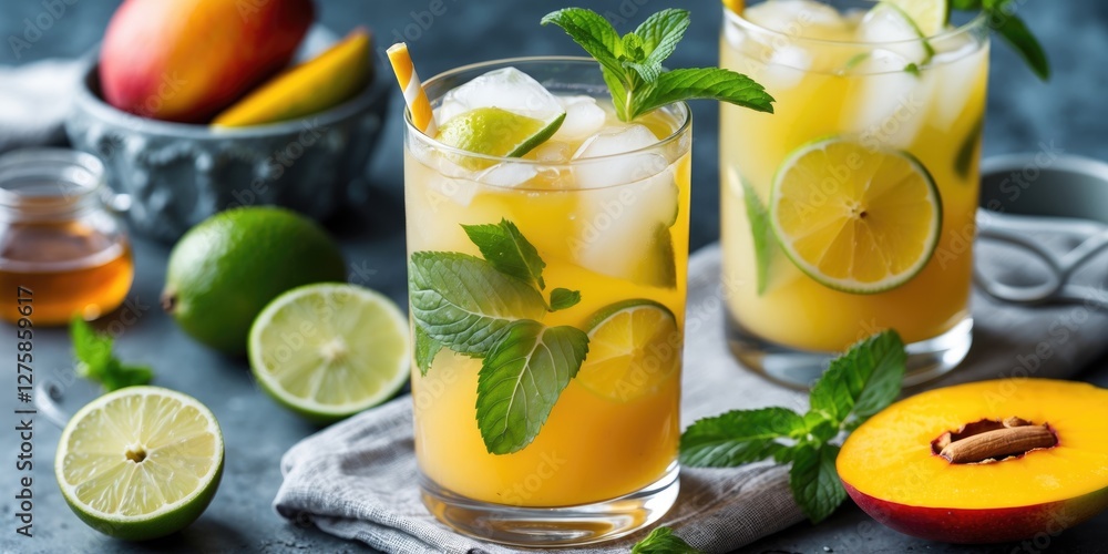 Poster refreshing mango iced tea with lime and mint in glasses on table surrounded by fresh ingredients and