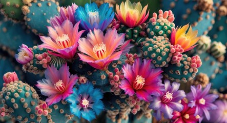 Vibrant Cactus Blossoms Create a Mesmerizing Colorful Tapestry Showcasing Nature's Diverse Beauty in a Stunning Close-Up Arrangement.