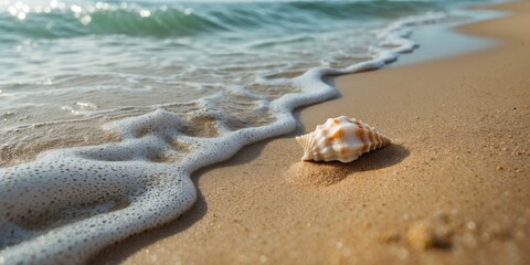 A serene sandy beach with gentle waves and a golden shell partially buried in warm sand with soft blue-green water in the background.